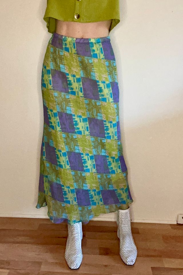 100% Silk Bias Lilac and Lime 1990s Y2K Vintage Skirt Selected by Picky Jane #1
