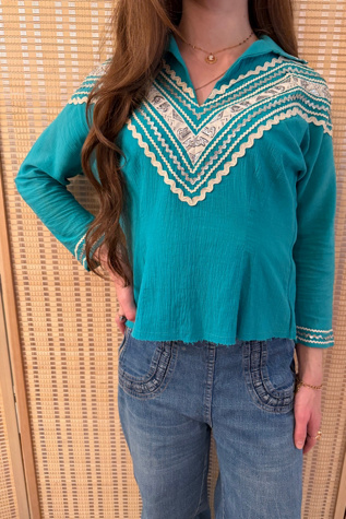 1950s Boho Western Turquoise Rick Rack Cotton Blouse Selected by Two Vintage Twins