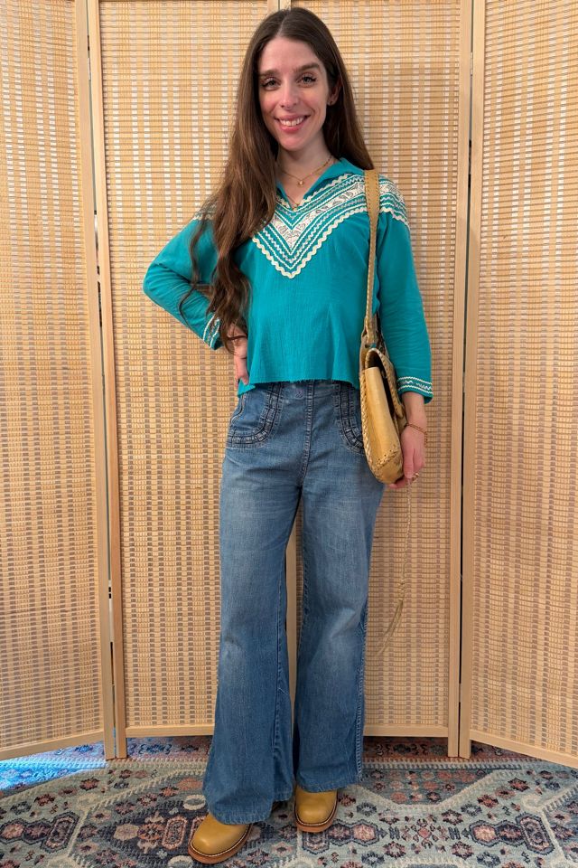 1950s Boho Western Turquoise Rick Rack Cotton Blouse Selected by Two Vintage Twins #1