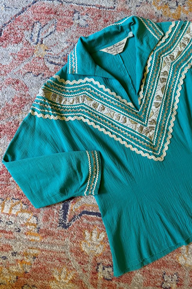 1950s Boho Western Turquoise Rick Rack Cotton Blouse Selected by Two Vintage Twins #2