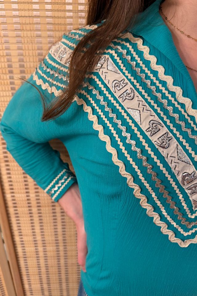 1950s Boho Western Turquoise Rick Rack Cotton Blouse Selected by Two Vintage Twins #3