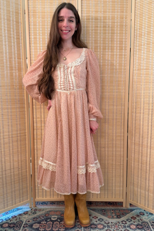 1970s Boho Pink Floral Gunne Sax Corset Midi Dress Selected by Two Vintage Twins