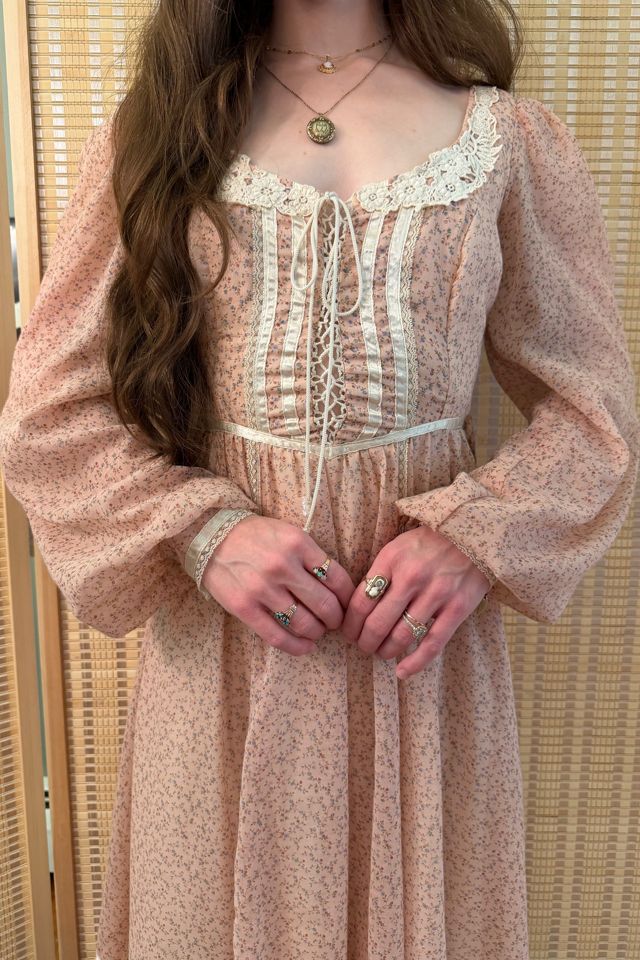 1970s Boho Pink Floral Gunne Sax Corset Midi Dress Selected by Two Vintage Twins #1