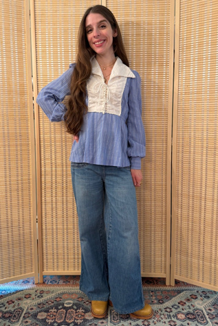 1970s Boho Blue Striped Eyelet Gunne Sax Style Lace Up Blouse Selected by Two Vintage Twins