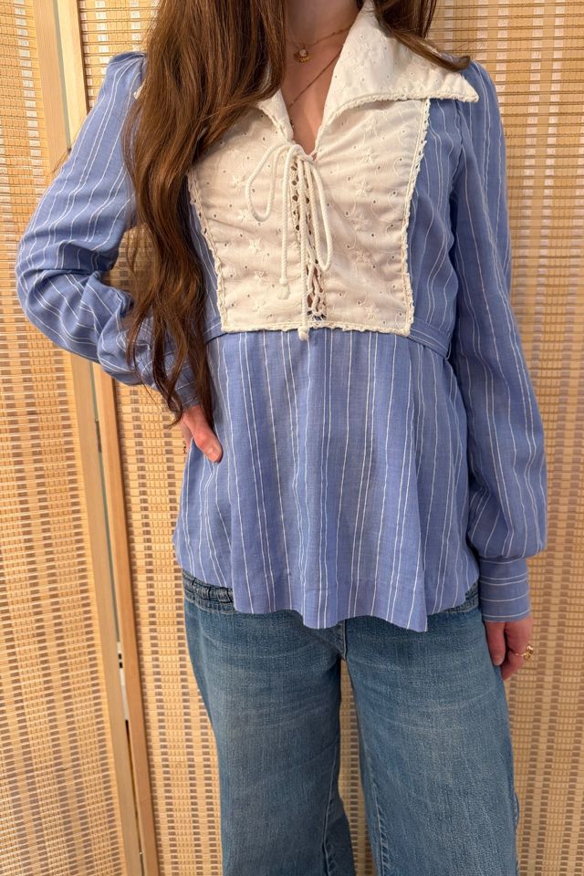 1970s Boho Blue Striped Eyelet Gunne Sax Style Lace Up Blouse Selected by Two Vintage Twins #1