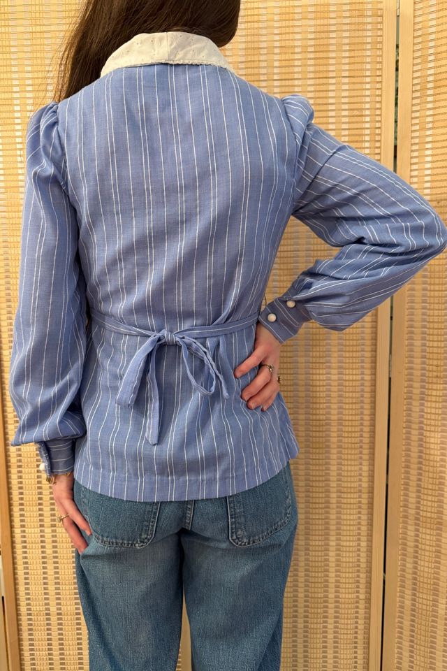 1970s Boho Blue Striped Eyelet Gunne Sax Style Lace Up Blouse Selected by Two Vintage Twins #3