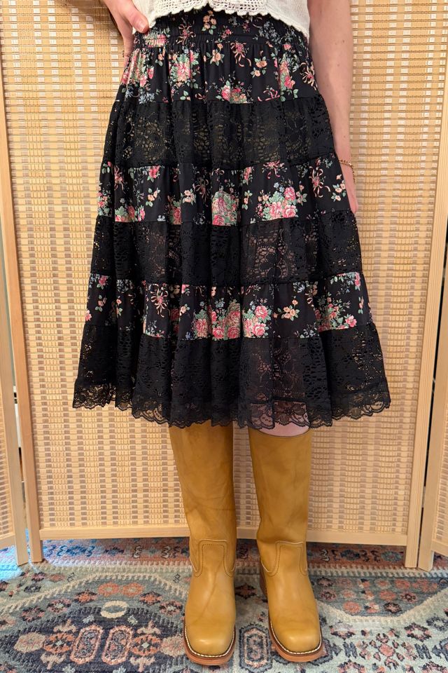 1970s Boho Black Floral Lace Tiered Midi Skirt Selected by Two Vintage Twins #1