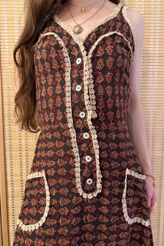 1970s Boho Indian Cotton Block Print Style Lace Maxi Dress Selected by Two Vintage Twins #1