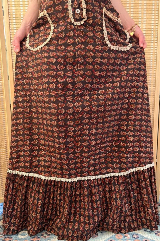1970s Boho Indian Cotton Block Print Style Lace Maxi Dress Selected by Two Vintage Twins #2