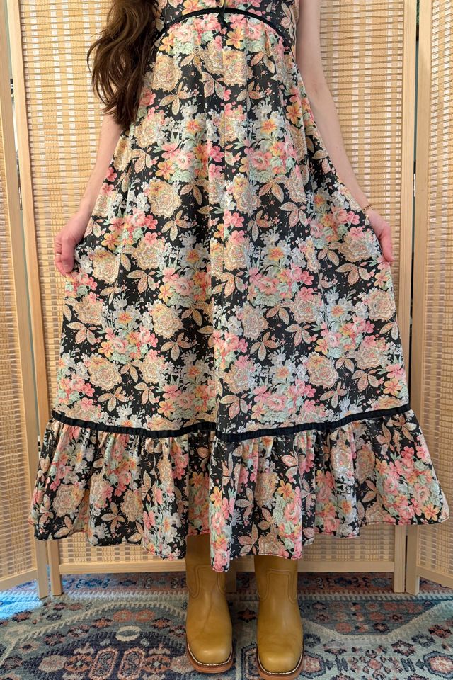 1970s Boho Black Floral Corset Midi Dress Selected by Two Vintage Twins #2