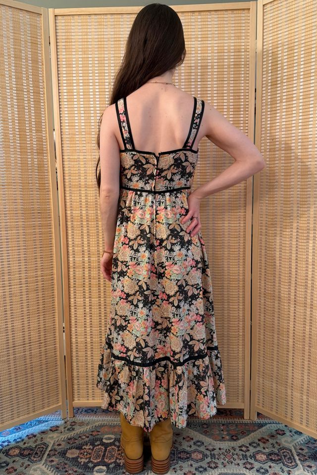1970s Boho Black Floral Corset Midi Dress Selected by Two Vintage Twins #3