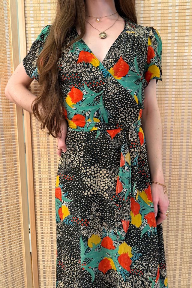 1970s Boho Black Floral Tulip & Daisy Wrap Midi Dress Selected by Two Vintage Twins #1