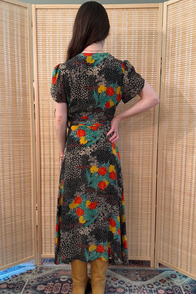 1970s Boho Black Floral Tulip & Daisy Wrap Midi Dress Selected by Two Vintage Twins #3
