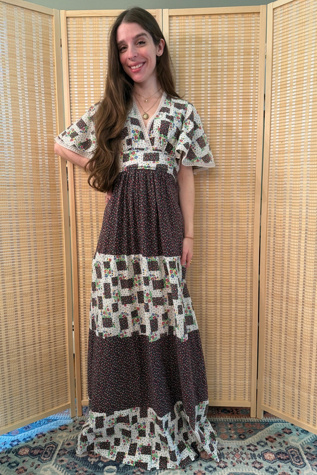 1970s Boho Floral Patchwork Cape Angel Sleeve Prairie Maxi Dress Selected by Two Vintage Twins