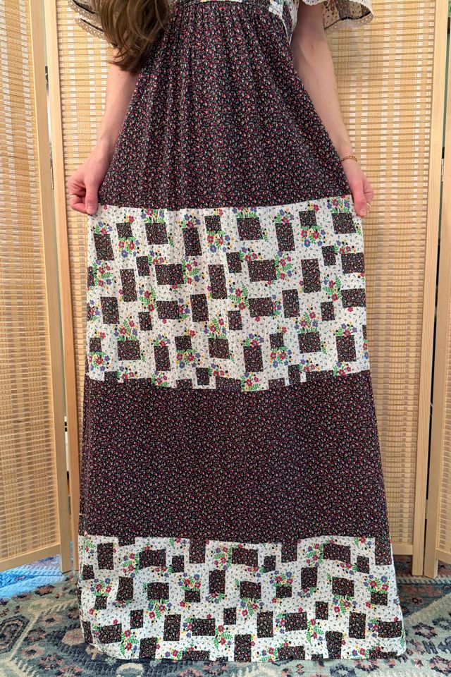 1970s Boho Floral Patchwork Cape Angel Sleeve Prairie Maxi Dress Selected by Two Vintage Twins #1