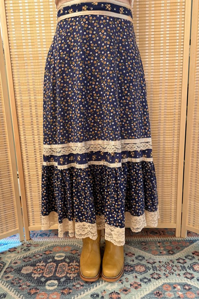 1970s Boho Navy Floral Gunne Sax Midi Skirt Selected by Two Vintage Twins #1