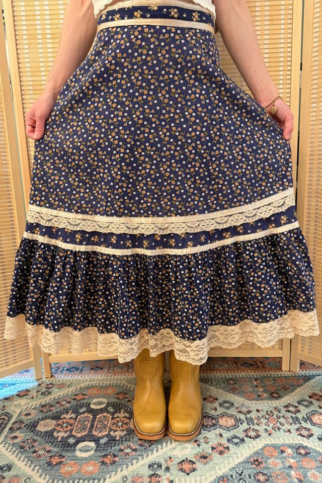 1970s Boho Navy Floral Gunne Sax Midi Skirt Selected by Two Vintage Twins #2