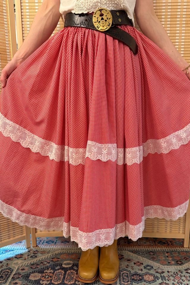 Vintage Western Style Red Gingham Lace Tiered Midi Skirt Selected by Two Vintage Twins #1