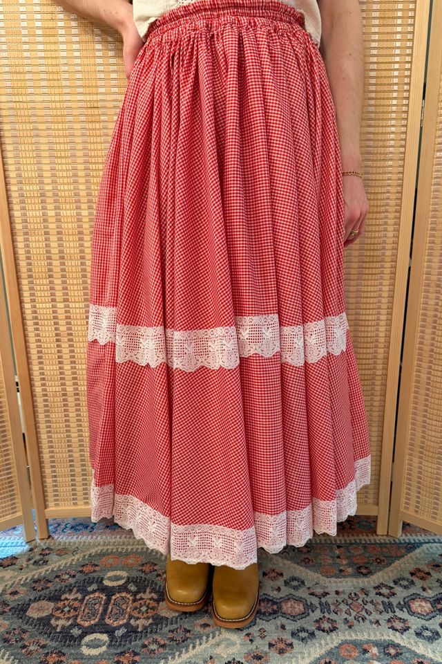 Vintage Western Style Red Gingham Lace Tiered Midi Skirt Selected by Two Vintage Twins #2