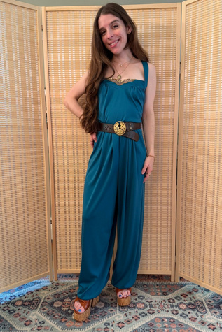 1980s Boho Teal Beaded Harem Balloon Style Jumpsuit Selected by Two Vintage Twins