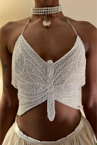 1980s White Sequin Butterfly Halter Top Selected By orange juice only.
