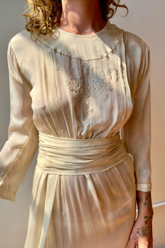 Antique 1920s Ivory Silk Beaded Dress with Detachable Belt Selected by Messy Jessy Vintage #1
