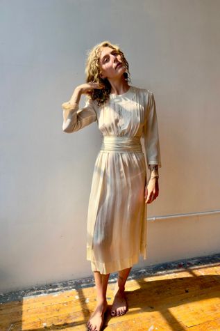 Antique 1920s Ivory Silk Beaded Dress with Detachable Belt Selected by Messy Jessy Vintage