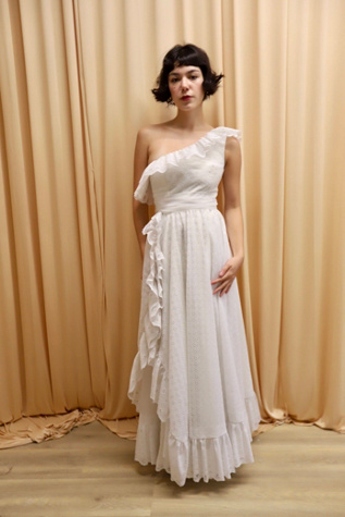 1960s Eyelet One-Shoulder Ruffle Gown Selected by Allegra Vintij