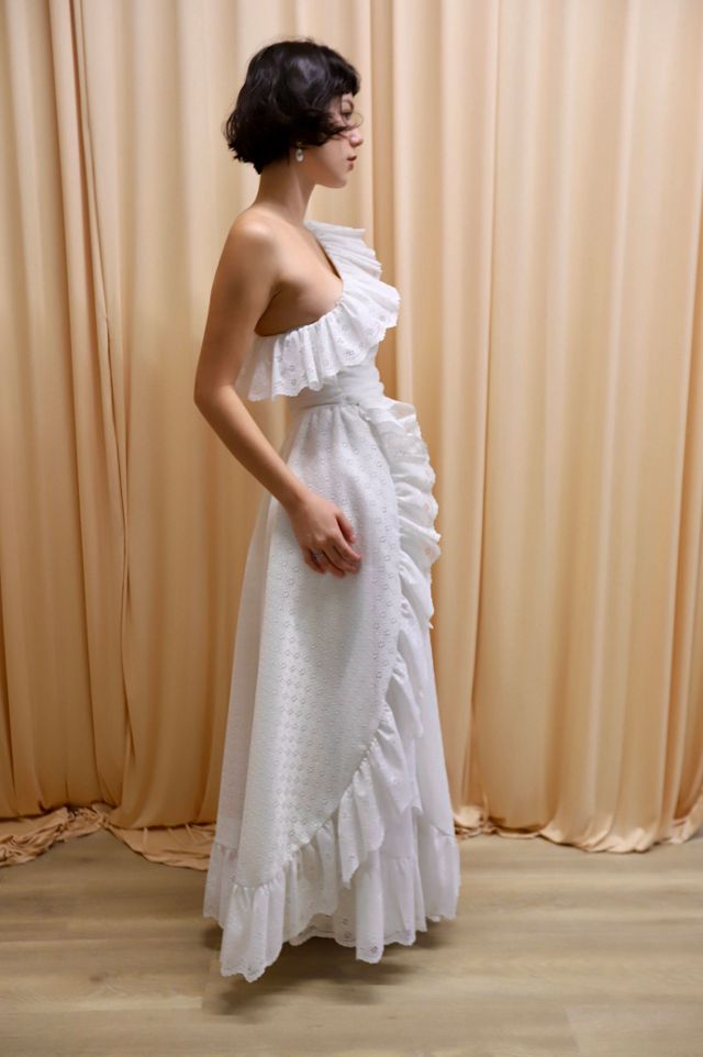 1960s Eyelet One-Shoulder Ruffle Gown Selected by Allegra Vintij #1