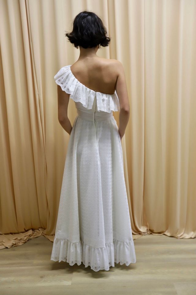 1960s Eyelet One-Shoulder Ruffle Gown Selected by Allegra Vintij #2