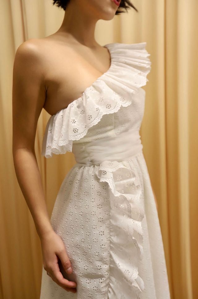 1960s Eyelet One-Shoulder Ruffle Gown Selected by Allegra Vintij #3