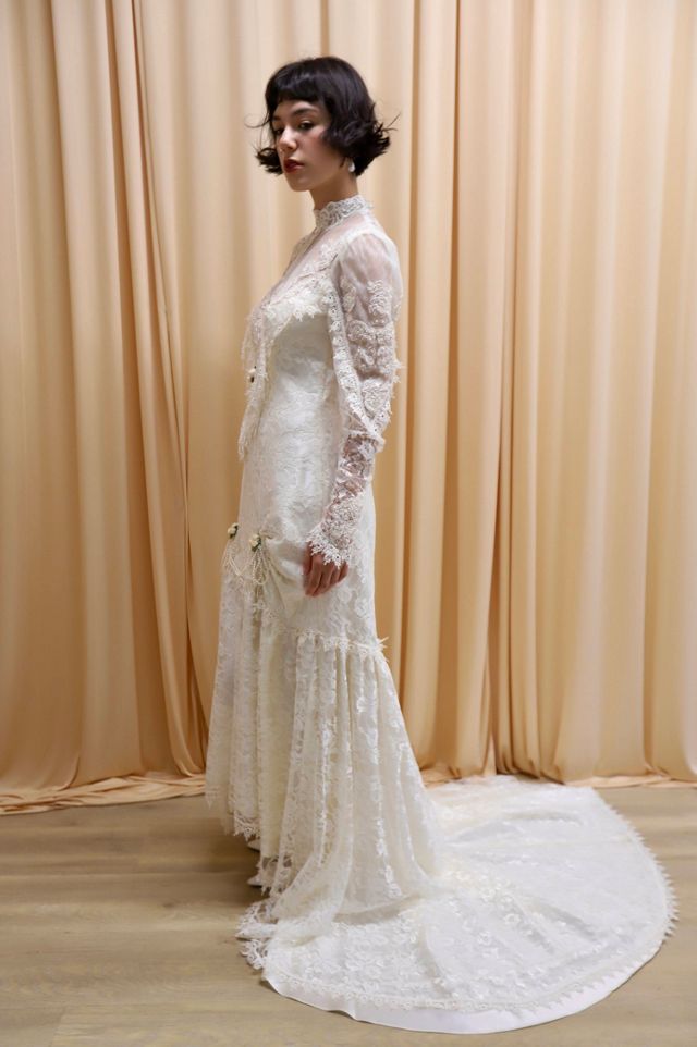 1970s Victorian-Inspired Lace Trim Gown with Train Selected by Allegra Vintij #1