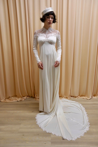 1970s Embroidered High Neck Silky Gown with Train Selected by Allegra Vintij
