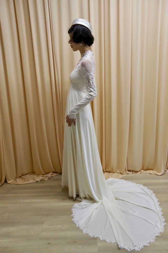 1970s Embroidered High Neck Silky Gown with Train Selected by Allegra Vintij #1