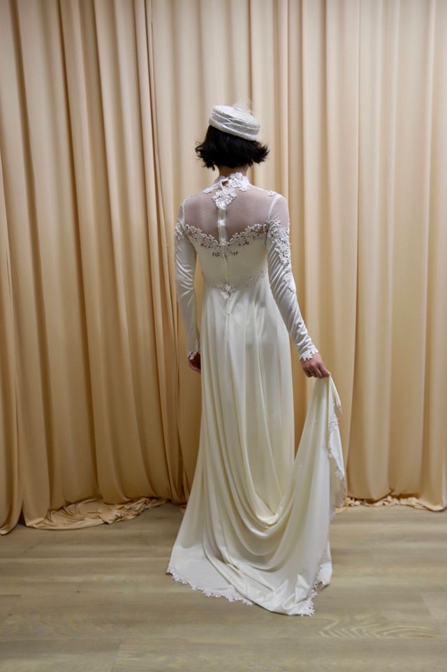 1970s Embroidered High Neck Silky Gown with Train Selected by Allegra Vintij #2