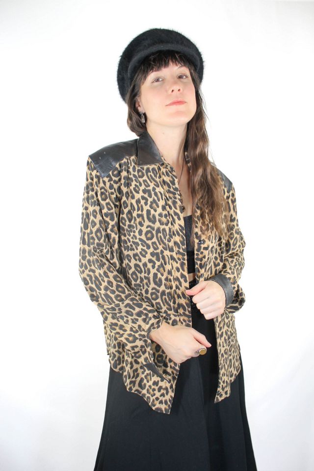 Vintage Leopard Print Leather Accent Silk Button Down Selected By Moons + Junes Vintage #2