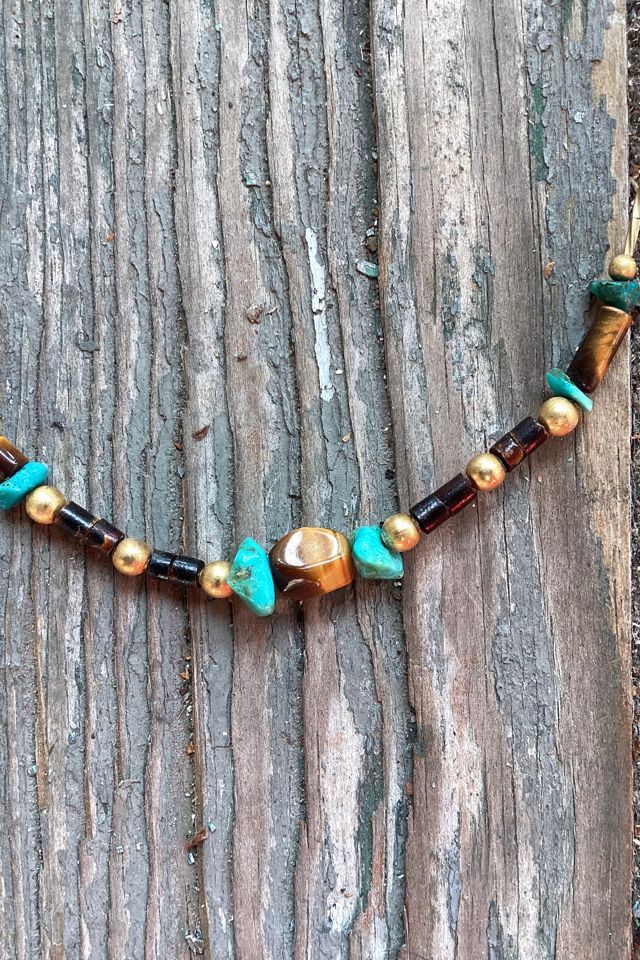 Handmade 1970s Liquid Gold Beaded Necklace with Turquoise and Tigers Eye Selected by Cherry #1