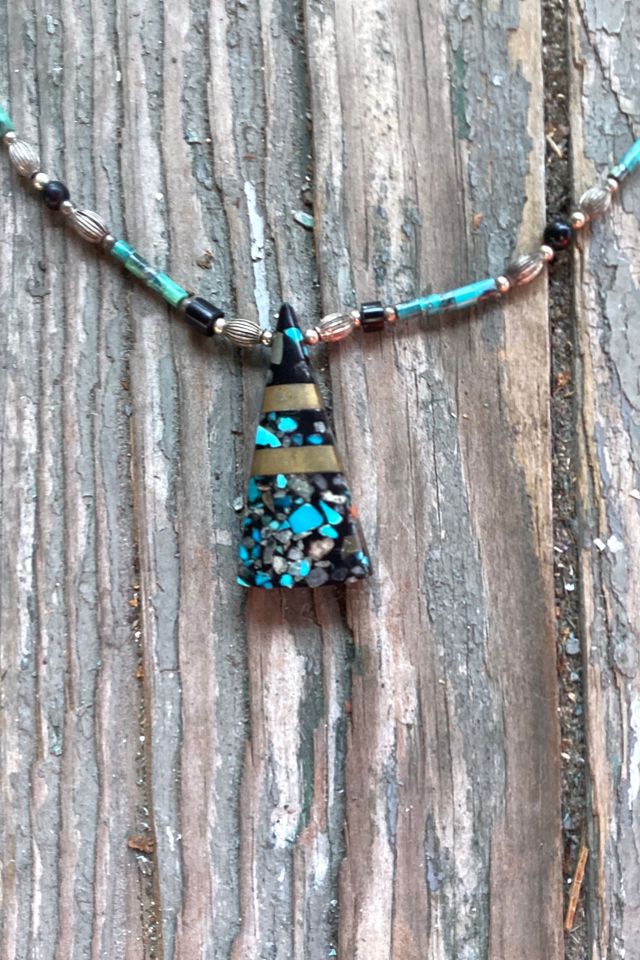 Handmade 1970s Liquid Silver and Beaded Necklace with Crushed Turquoise Inlay Pendant Selected by Cherry #1