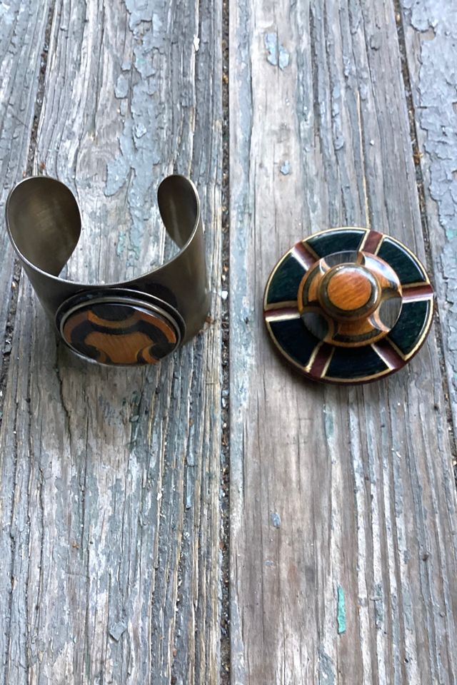 Vintage 1960s Mod Wood and Brass Cuff and Brooch Set Selected by Cherry #1