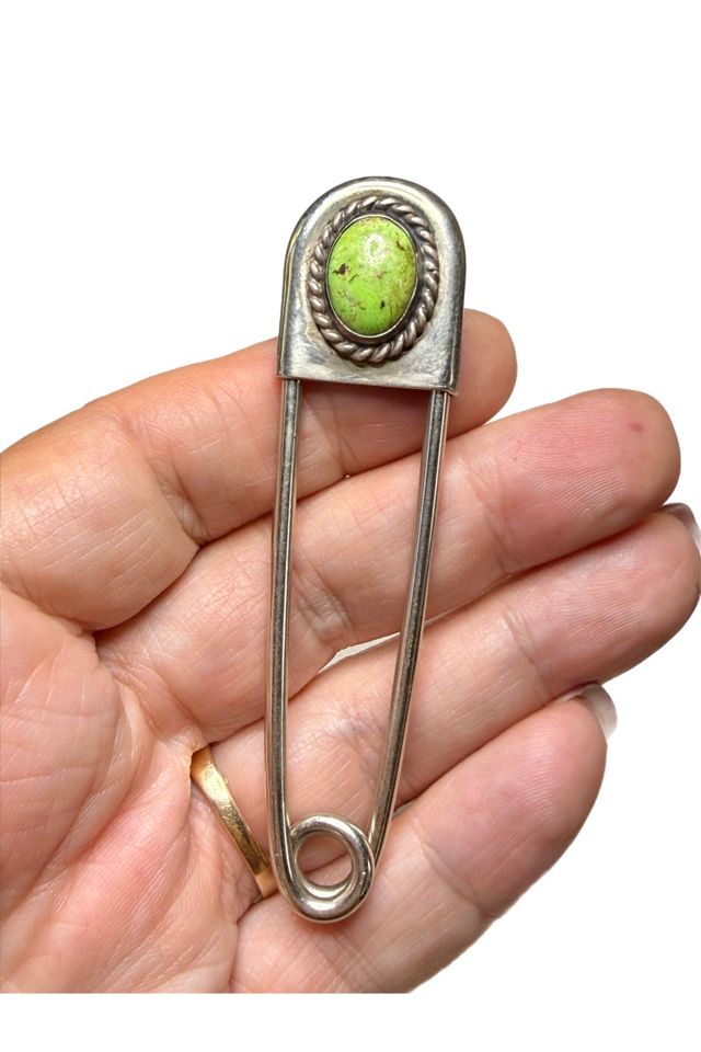 Vintage Southwestern Safety Pin Brooch with Sterling + Gemstone Selected by Lux Revival #1