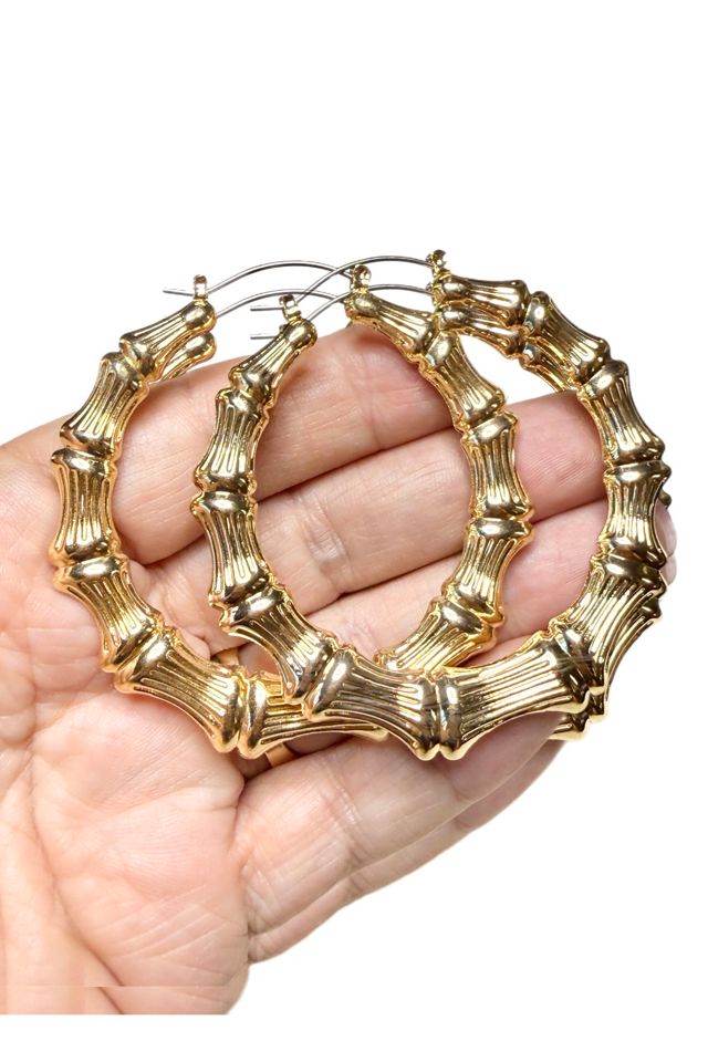Vintage XL Gold Tone Bamboo Hoop Door Knocker Earrings Selected by Lux Revival #1