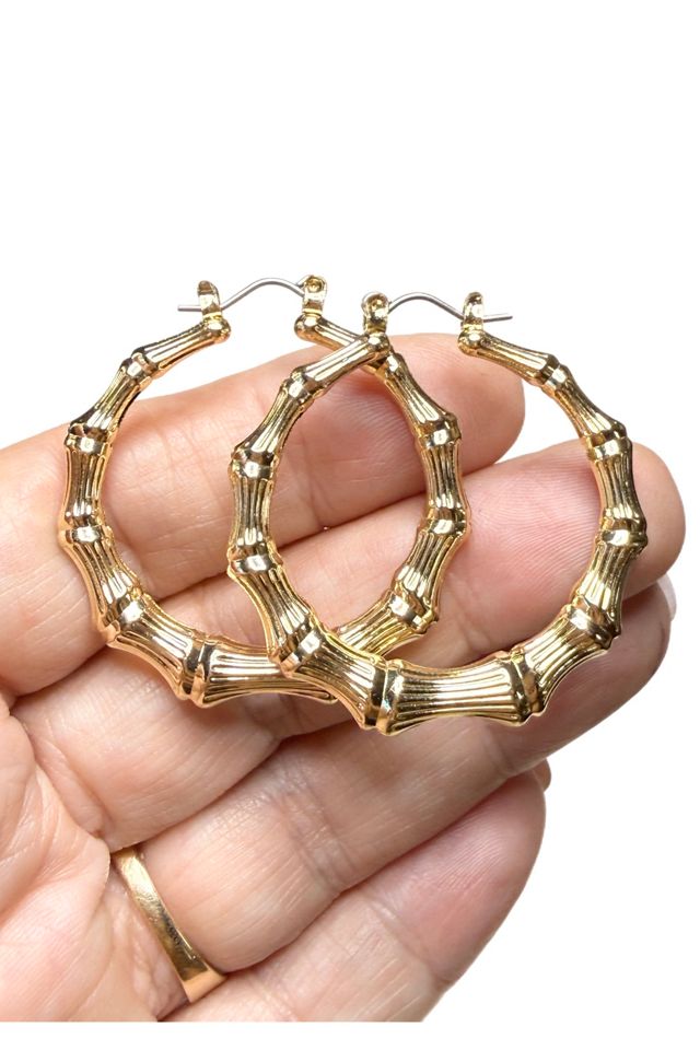 Vintage Gold Tone Bamboo Hoop Earrings 1 1/2” Selected by Lux Revival #1