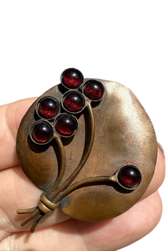 Art Nouveau Copper Lily Pad Brooch with Garnets Selected by Lux Revival #1