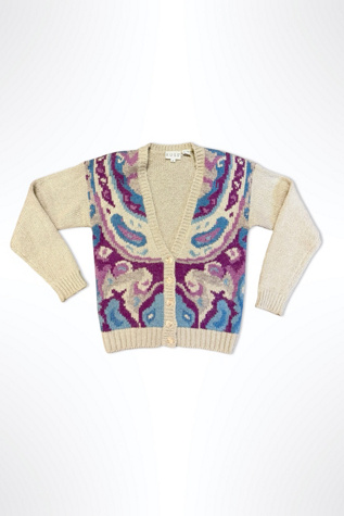 1980s Neutral Violet Paisley Cardigan Selected By Ritual Vintage