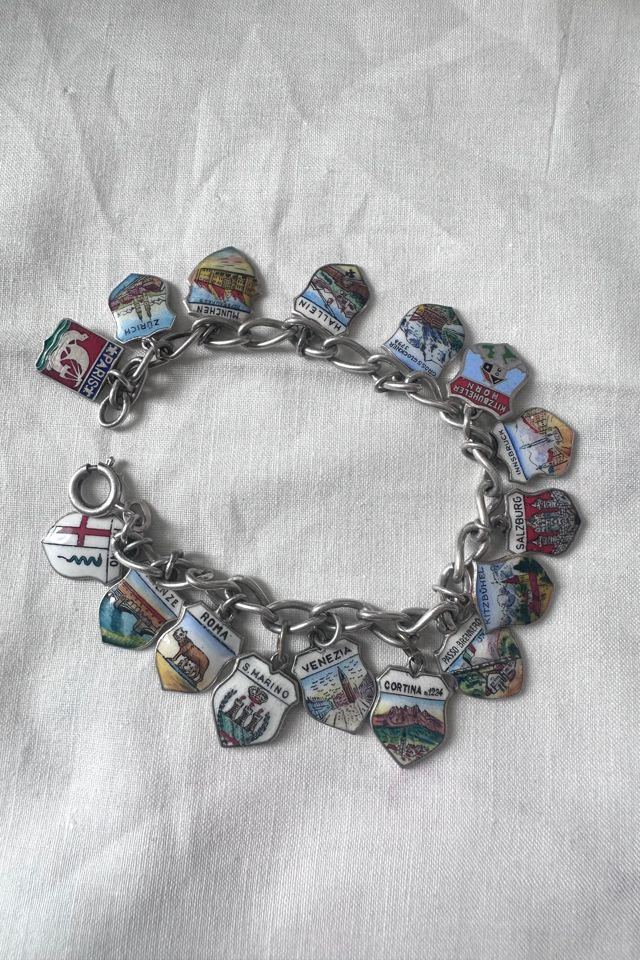 Vintage ‘50’s Sterling Silver Chain with 15 Enamel Silver Souvenir Shields Selected by KA.TL.AK #2