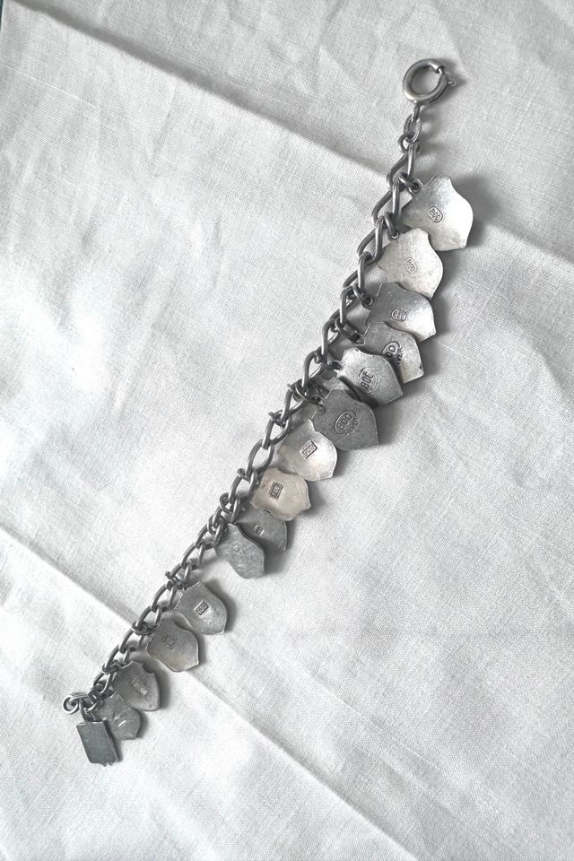 Vintage ‘50’s Sterling Silver Chain with 15 Enamel Silver Souvenir Shields Selected by KA.TL.AK #3