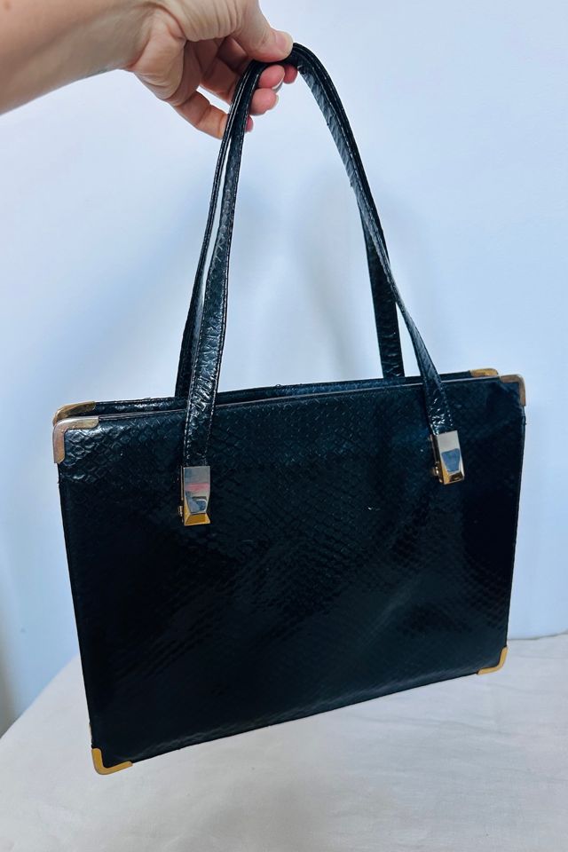 Vintage Shiny Black Embossed Croc Leather Folio Bag with Gold Accents Selected by KA.TL.AK #2