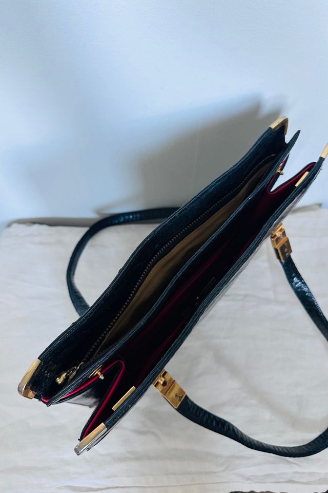 Vintage Shiny Black Embossed Croc Leather Folio Bag with Gold Accents Selected by KA.TL.AK #3