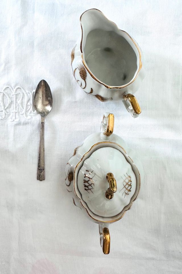 Vintage Hand Painted Cream and Sugar Set with Silverplate Spoon Selected by KA.TL.AK #1