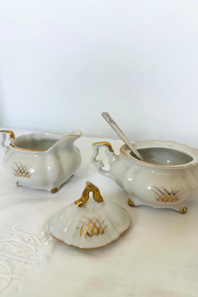 Vintage Hand Painted Cream and Sugar Set with Silverplate Spoon Selected by KA.TL.AK #2